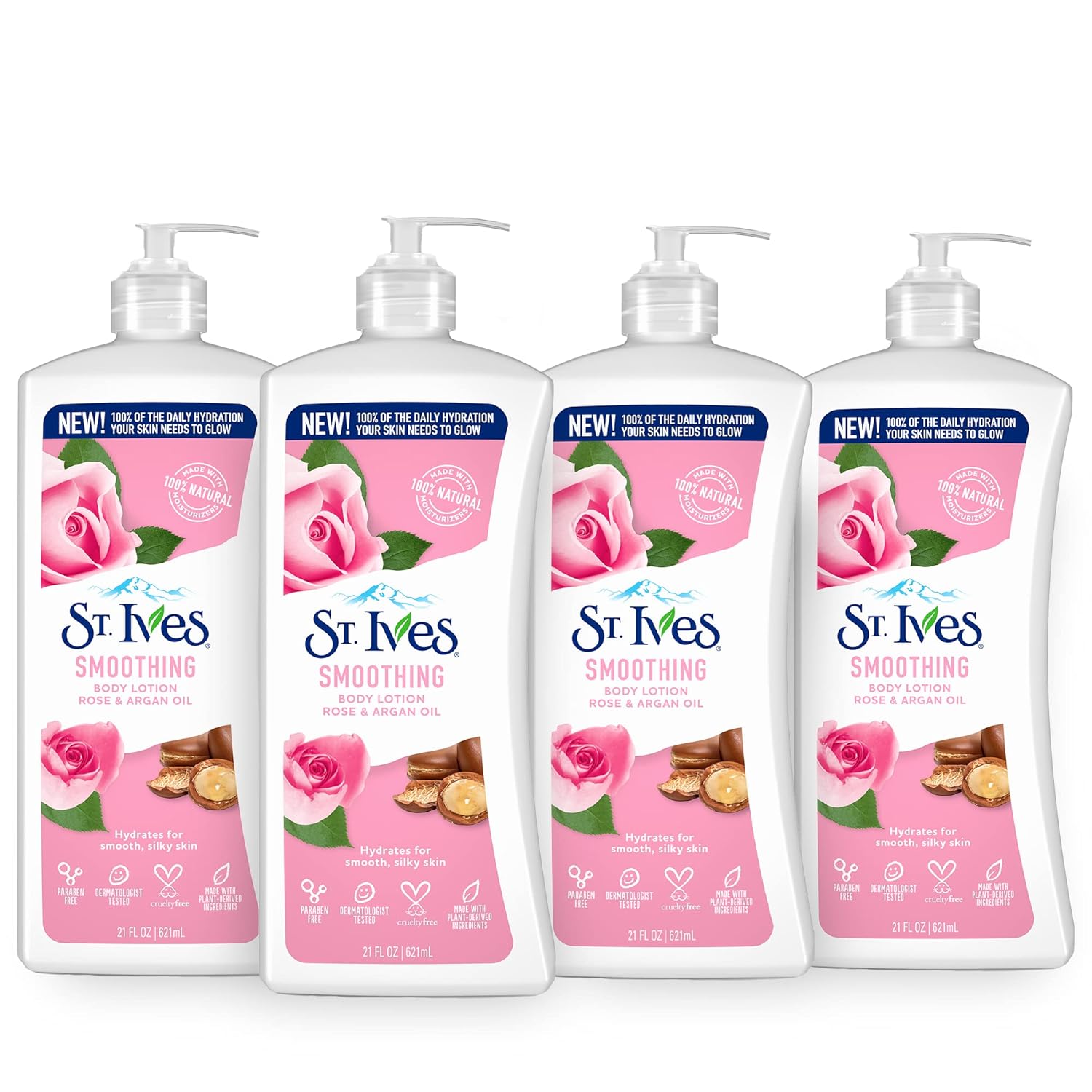St. Ives Smoothing Hand & Body Lotion For Women With Pump, Daily Moisturizer Rose And Argan Oil For Dry Skin, Made With 100% Natural Moisturizers, 21 Fl Oz, 4 Pack