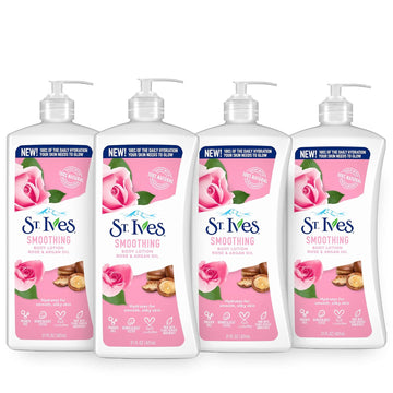 St. Ives Smoothing Hand & Body Lotion For Women With Pump, Daily Moisturizer Rose And Argan Oil For Dry Skin, Made With 100% Natural Moisturizers, 21 Fl Oz, 4 Pack