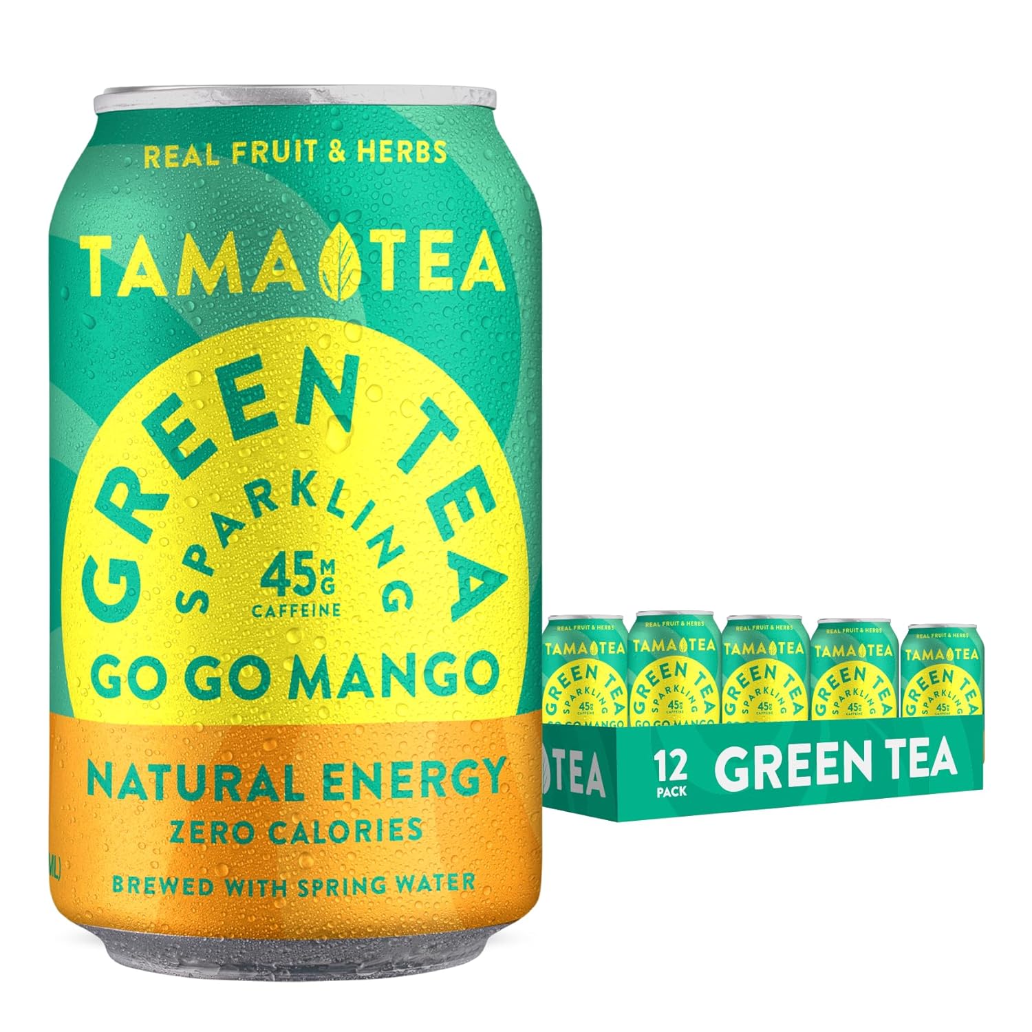 Sparkling Mango Green Tea By Tama Tea - Made With Real Fruit & Herbs - Zero Sugar, Zero Calories, Non-Gmo - Naturally Energizing Green Tea High In Antioxidants & Nootropics - Pack Of 12