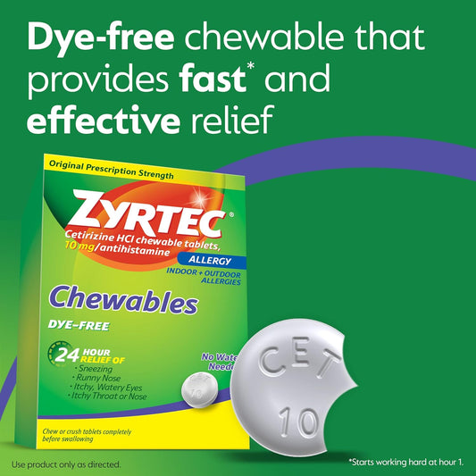 Zyrtec 24 Hour Allergy Relief Chewable Tablets With 10 Mg Cetirizine Hcl Antihistamine, Allergy Relief Medicine For Allergy Symptoms Caused By Ragweed & Tree Pollen, Dye-Free, 24 Ct