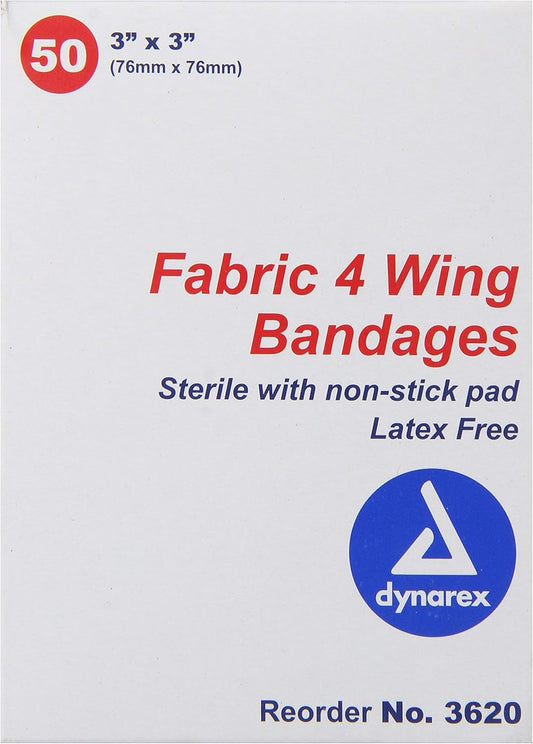 Dynarex Adhesive Fabric Bandage, 3 Inches X 3 Inches Sterile, 4 Wing, 50 Count