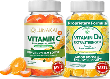 Vitamin C and Vitamin D3 Gummies Bundle - Organic VIT C Vegan Chewable Gummy Vitamins - Immunity, Bone and Mood Support for Adults