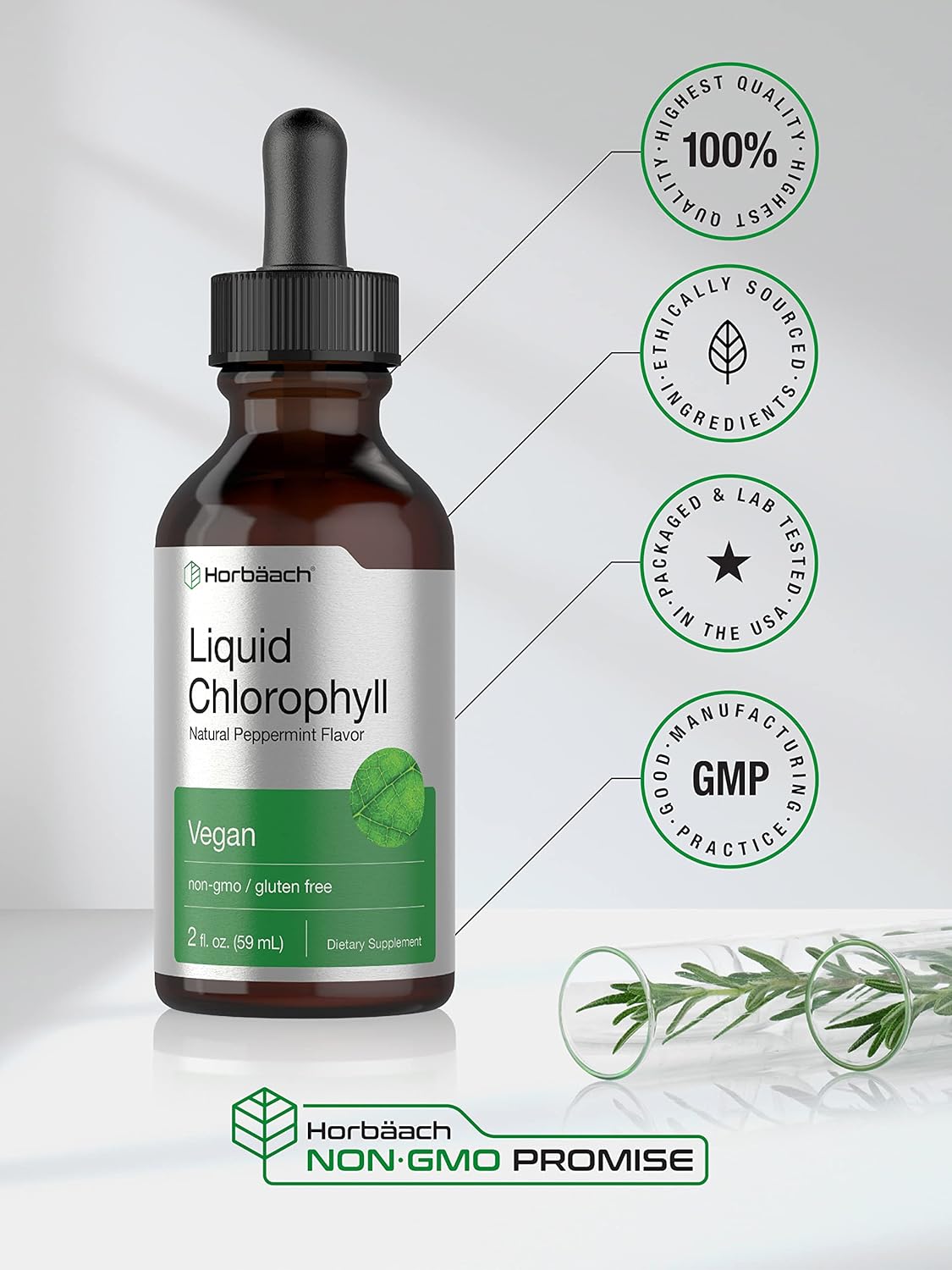 Horbäach Liquid Chlorophyll Drops | 2 oz | Vegan, Non-GMO, and Gluten Free Formula | Natural Peppermint Flavor : Health & Household