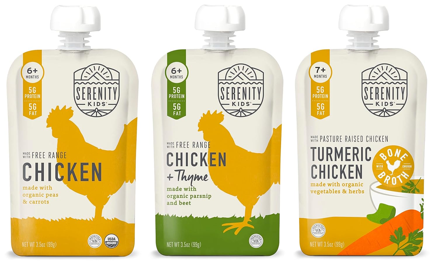 Serenity Kids Chicken Lover Baby Food Pouch Bundle | 6 Each Of Free Range Chicken, Chicken & Thyme And Turmeric Chicken Pouches (18 Count)