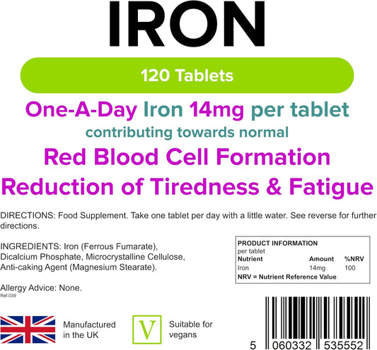 Lindens - Iron 14Mg - 120 Vegan Tablets - Uk Made - Reduce Tiredness, Increase Energy | Creates Healthy Red Blood Cells | Normal Oxygen Transportation | (4 Months Supply), Letterbox Friendly