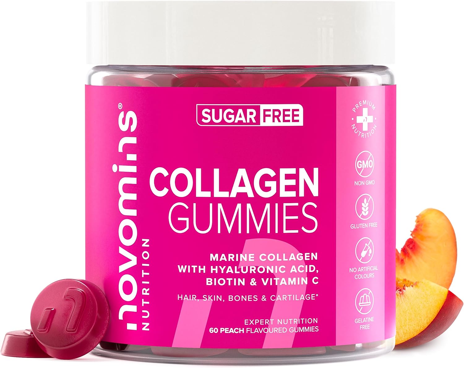 50Mg Marine Collagen Gummies Sugar Free - Collagen Supplements For Women - More Convenient Than Powder - Hydrolysed Collagen Peptides With Biotin Vitamin C Hyaluronic Acid - 60 Gummies - Novomins