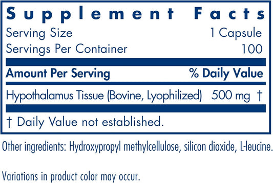 Allergy Research Group Hypothalamus Supplement - Endocrine Support, Natural Glandular, 500mg Adrenal Support, Adrenal Pituitary, Adrenal Gland Function, Bovine, Lyophilized, Vegicaps - 100 Count