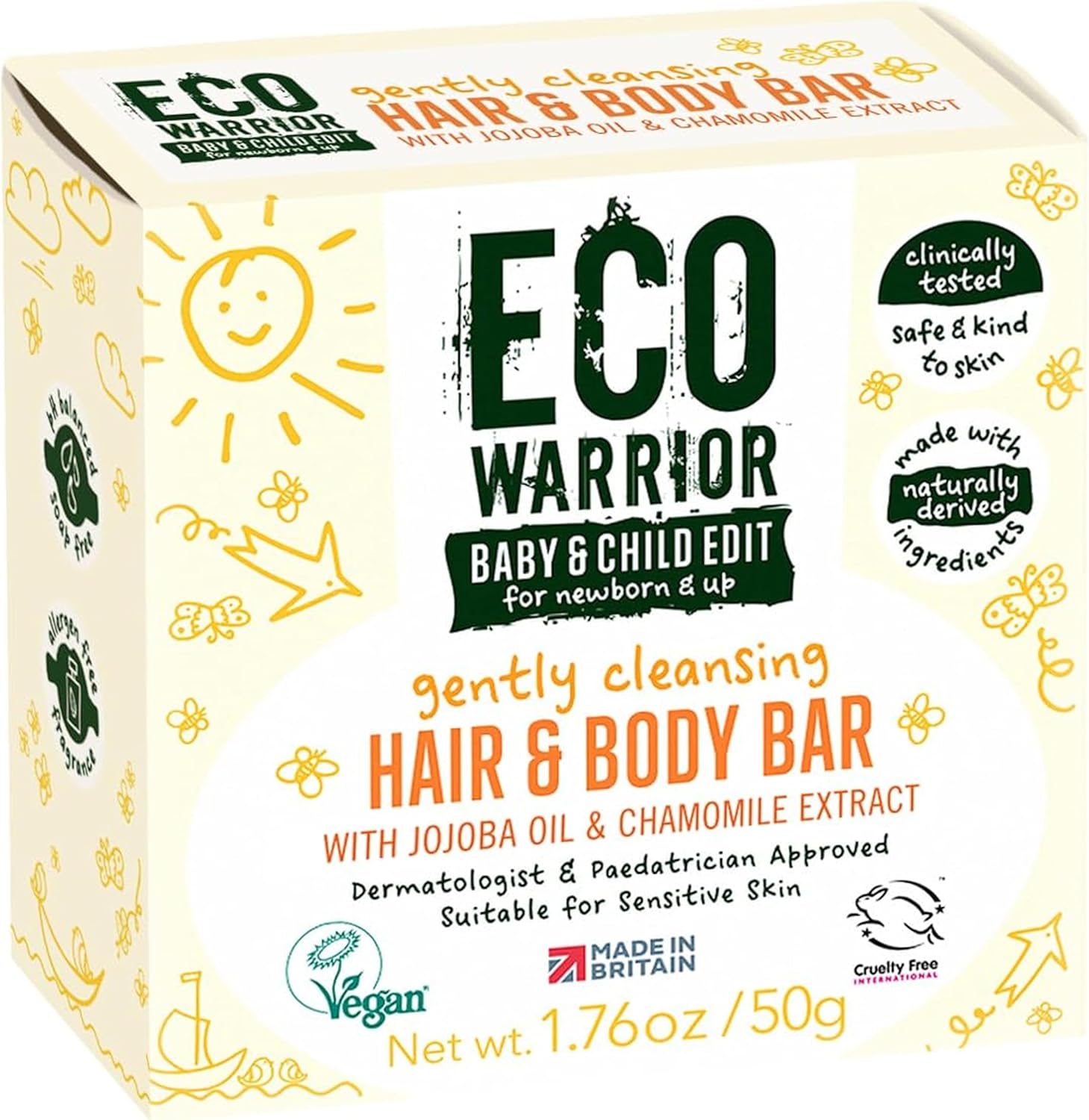 Eco Warrior Baby & Child Edit Gently Cleansing Hair & Body Bar (50G) | Hair Shampoo And Body Bar Soap (2 In 1) | Orange Blossom Scent | Gentle, Eco Friendly, Vegan, Cruelty Free