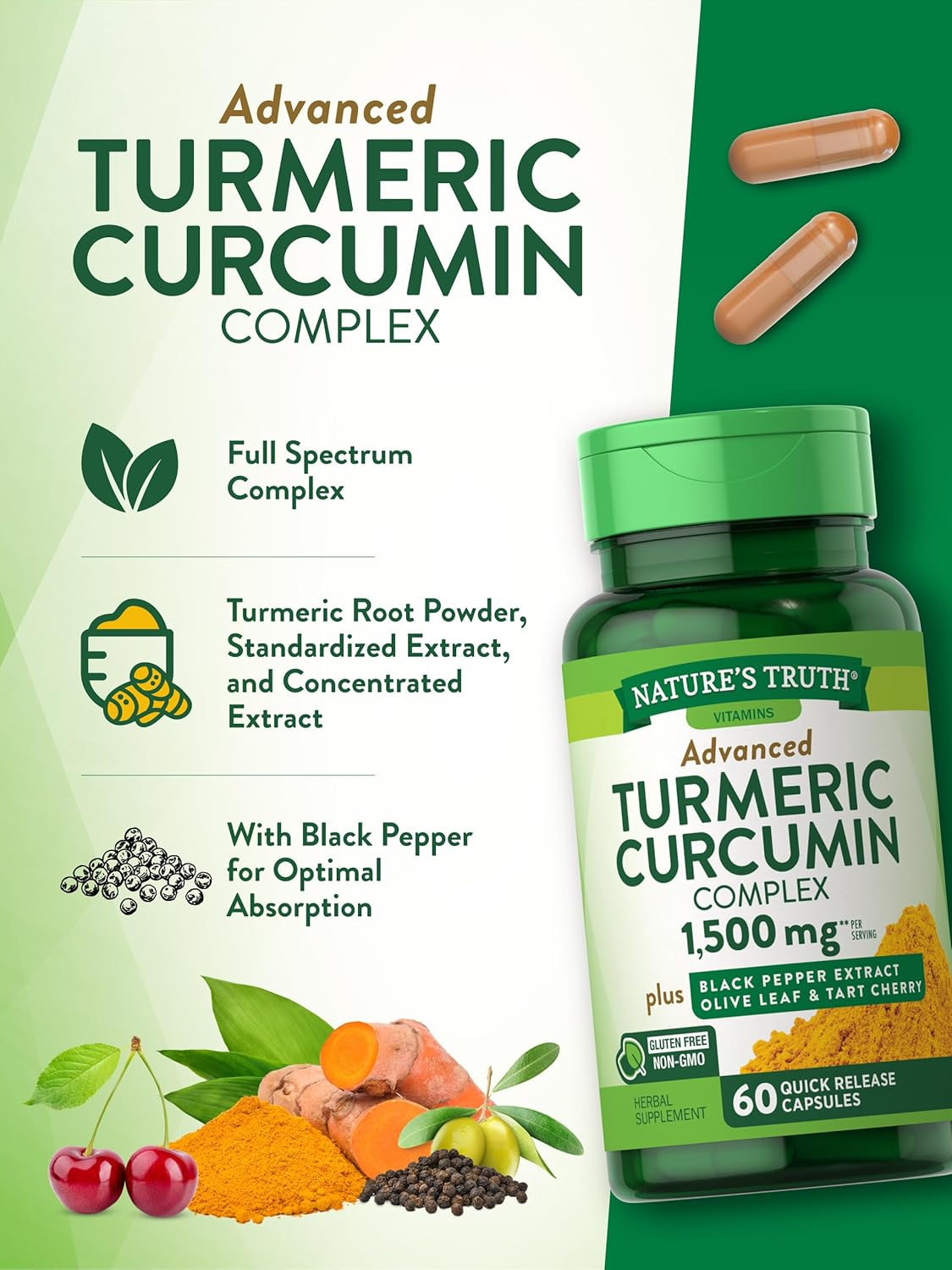 Nature's Truth Turmeric Curcumin 1500 mg | 60 Capsules | with Black Pepper Extract, Olive Leaf & Tart Cherry | Non-GMO, Gluten Free Supplement : Health & Household