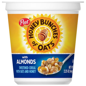 Honey Bunches of Oats with Almonds Breakfast Cereal, Honey Cereal with Granola Clusters and Sliced Almonds, Small Cereal Cup Size for Easy On-The-Go Breakfast, Pack of 12, 2.25 OZ Cereal Cup