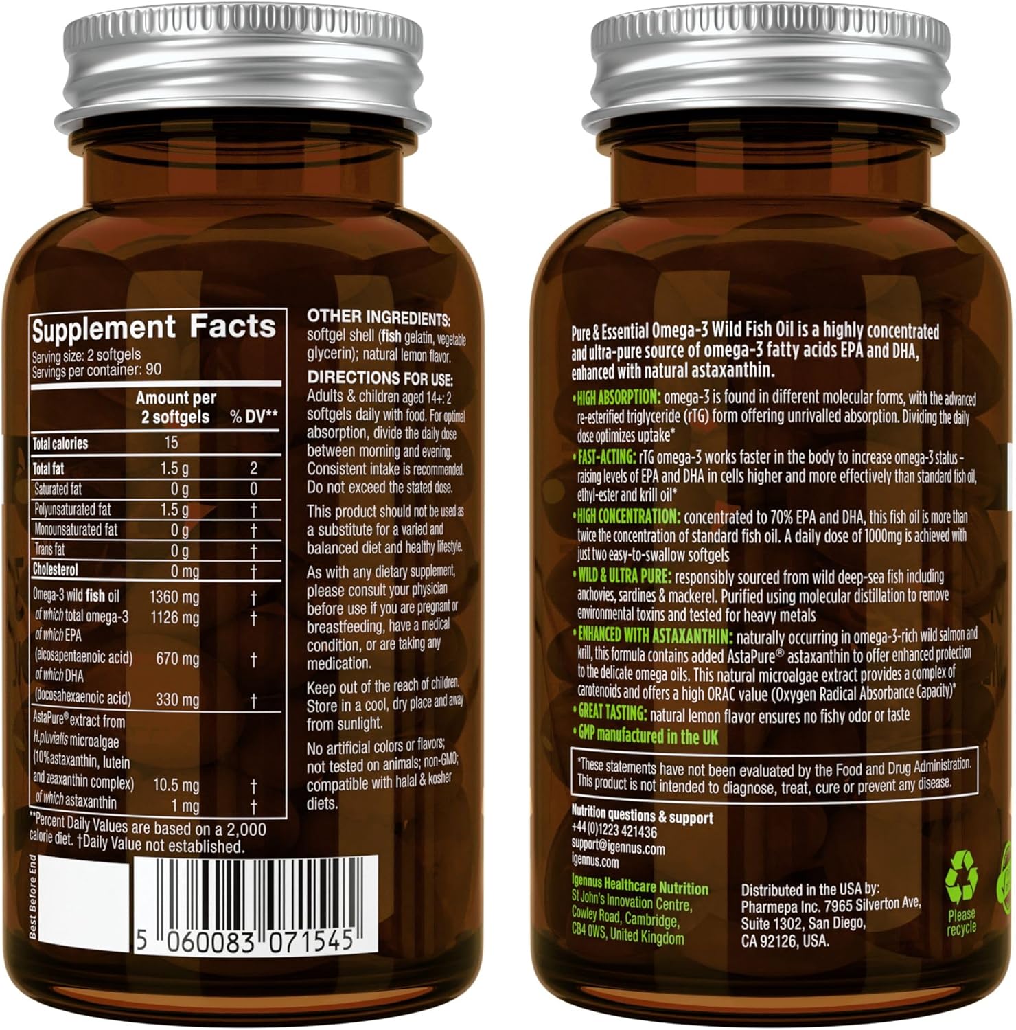 High Absorption Omega-3 Wild Fish Oil & Advanced Hydrolyzed Collagen Peptides Bundle, 1000mg EPA & DHA with Astaxanthin & 100% Grass Fed Bovine Collagen Protein Powder, by Igennus : Health & Household