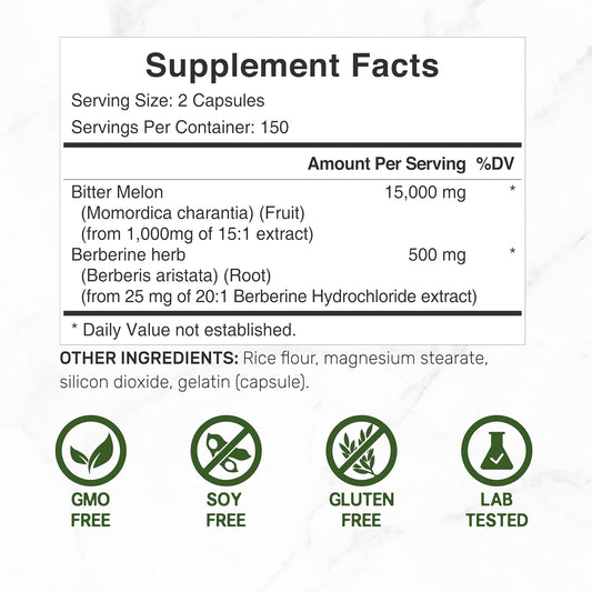 Bitter Melon With Berberine Supplement 15,000Mg Per Serving, 300 Capsules