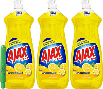 Number 1 In Service Ajax Dishwashing Liquid Dish Soap, 28 Ounce Ajax Dish Soap Lemon Scent Super Degreaser And Cleaner, All Purpose Cleanser, Total 84 Ounces, With Gift Boutique Lint Stick, 3 Pack