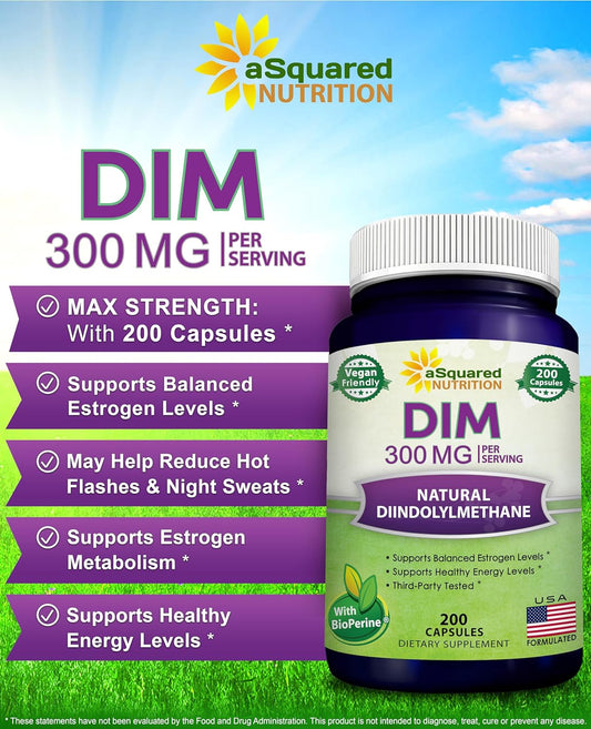 aSquared Nutrition DIM Supplement 300mg Plus BioPerine - 200 Veggie Capsules - Diindolylmethane DIM Max Strength Pills to Support Estrogen Metabolism & Balance, Menopause Relief, PCOS, Hormonal Acne