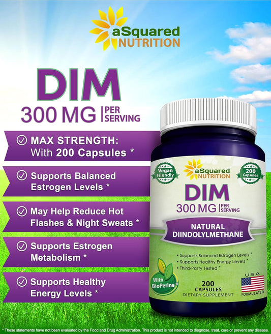 Asquared Nutrition Dim Supplement 300Mg Plus Bioperine - 200 Veggie Capsules - Diindolylmethane Dim Max Strength Pills To Support Estrogen Metabolism & Balance, Menopause Relief, Pcos, Hormonal Acne