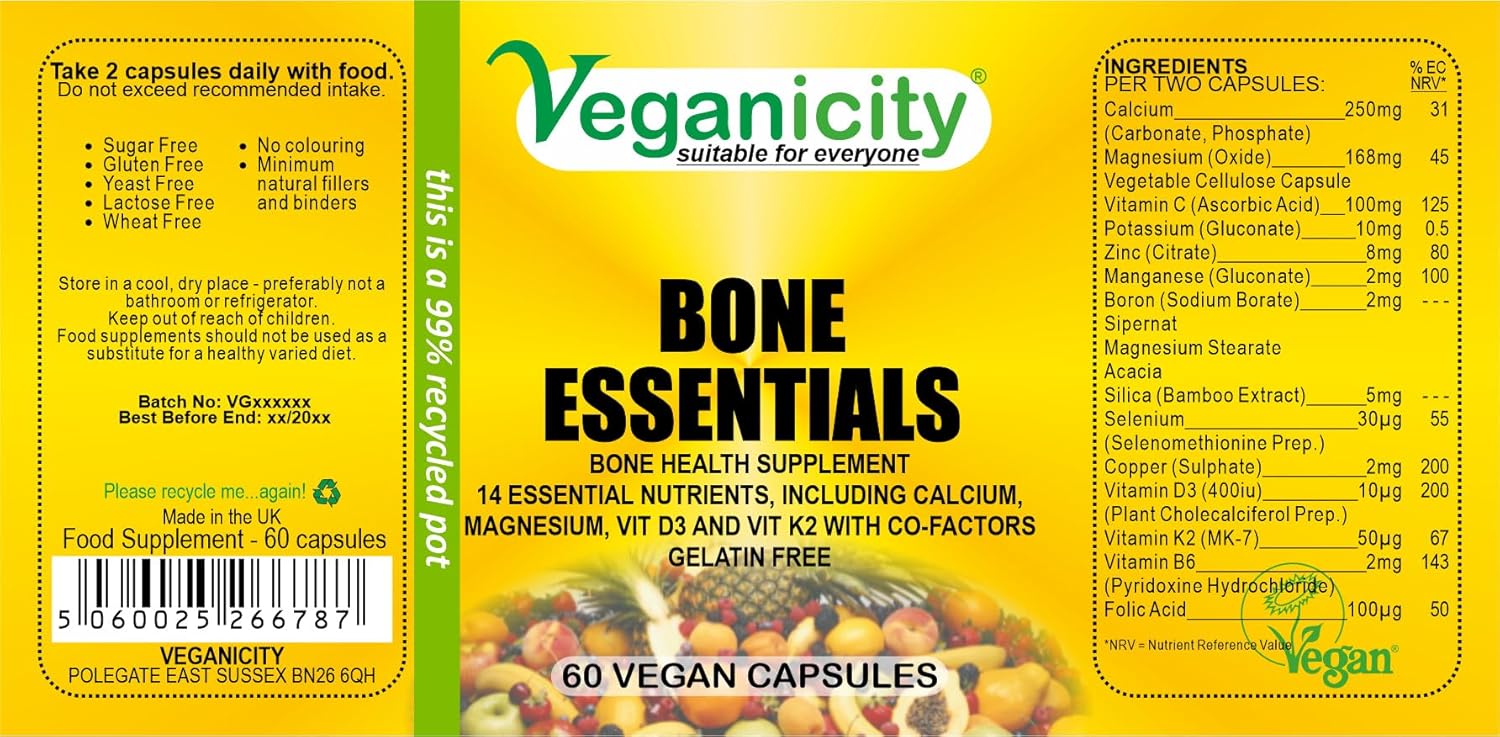 Veganicity Bone Essentials : Bone Support Supplement : 60 Capsules, In A Planet-Friendly 99% Recycled Pot