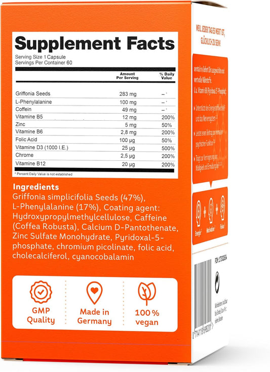 Serotalin® Original Happy Energy Capsules - Motivation & Focus | Griffonia + Vitamin D3 + Phenylalanine + Vitamin B12 + B6 + Zinc + Chromium & Caffeine | 100% Vegan, 60 Capsules For 2 Months