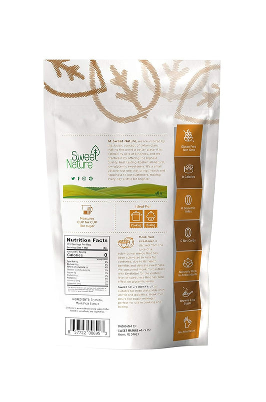 Sweet Nature Monk Fruit Sweetener Non Gmo Gluten Free Sugar Substitute Kosher 16 Ounces (1 Lb)