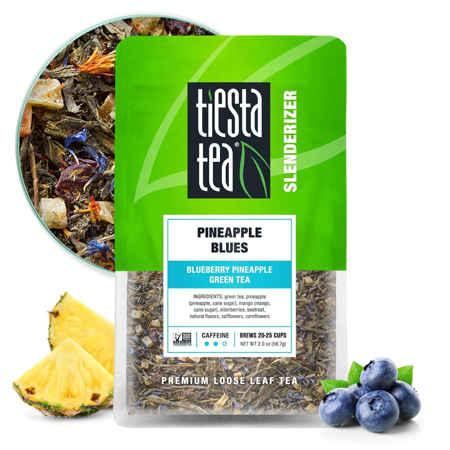 Tiesta Tea - Pineapple Blues | Blueberry Pineapple Green Tea | Premuim Tropical Loose Leaf Tea Blend | Medium Caffeinated Green Tea | Make Hot Or Iced Tea & Up To 25 Cups - 2 Ounce Resealable Pouch