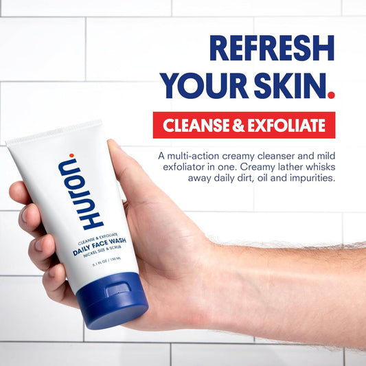 Huron Men’S Face Wash - Daily Deep Facial Cleanser & Mild Exfoliator - Cleans, Conditions, & Hydrates Skin - Subtle Energizing Scent - Vegan, Sulfate-Free - 5.1 Oz