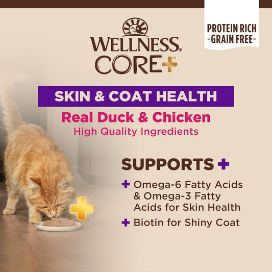 Wellness Core+ Skin & Coat Recipe, Natural Grain Free Canned Wet Cat Food, Duck & Chicken Smooth Pate, 2.8 Ounces (Pack Of 12)