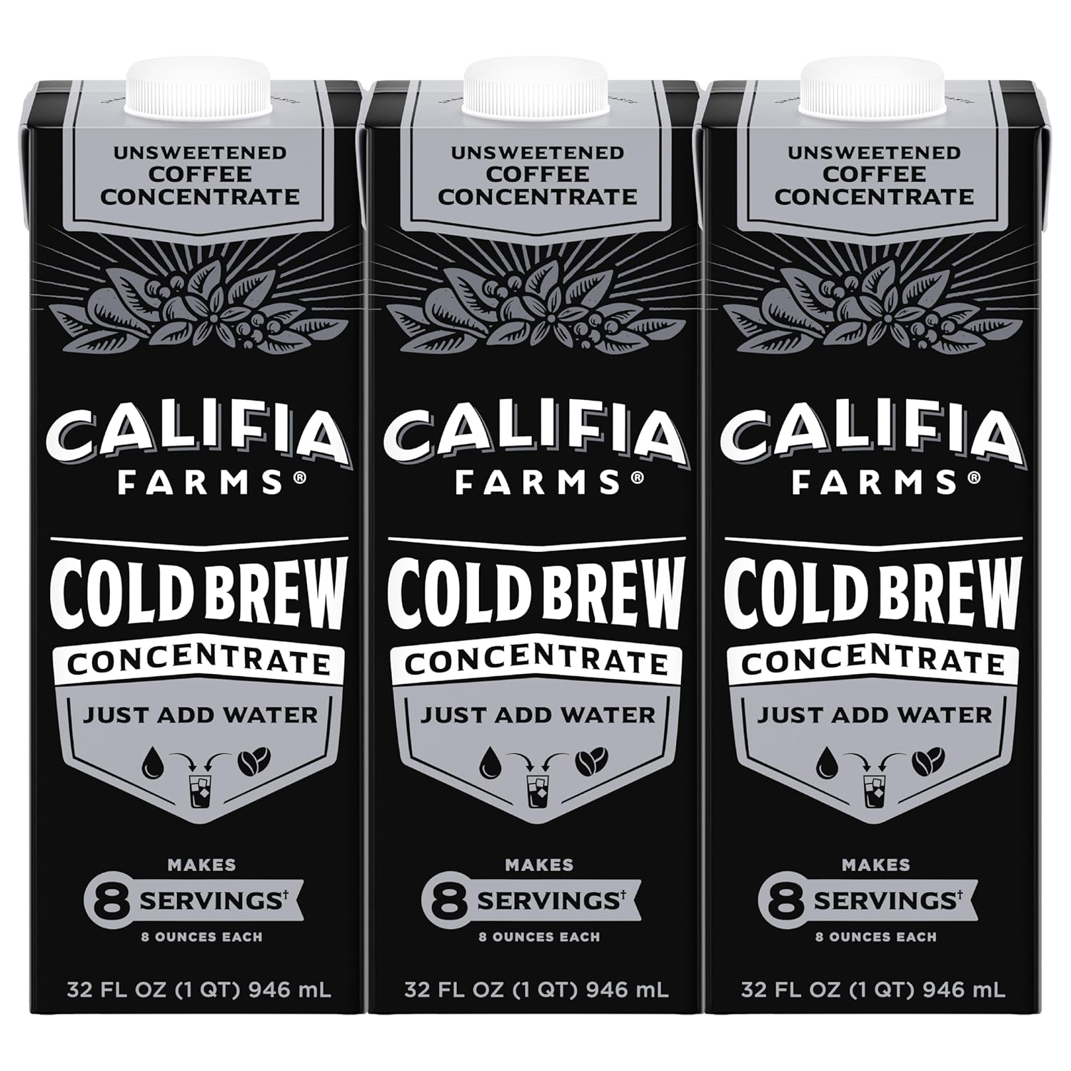 Califia Farms - Unsweetened Cold Brew Coffee Concentrate, 32 Oz (Pack Of 3), 100% Arabica, Shelf Stable, Plant Based, Vegan, Gluten Free, Non Gmo, Sugar Free, Iced Coffee