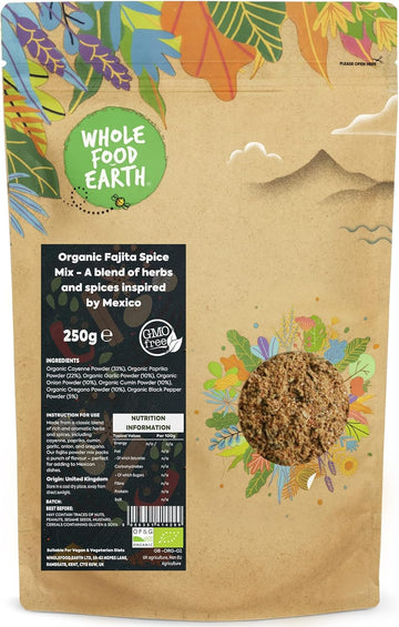 Wholefood Earth Organic Fajita Spice Mix - A Blend Of Herbs And Spices Inspired By Mexico 250 G | Gmo Free | Certified Organic