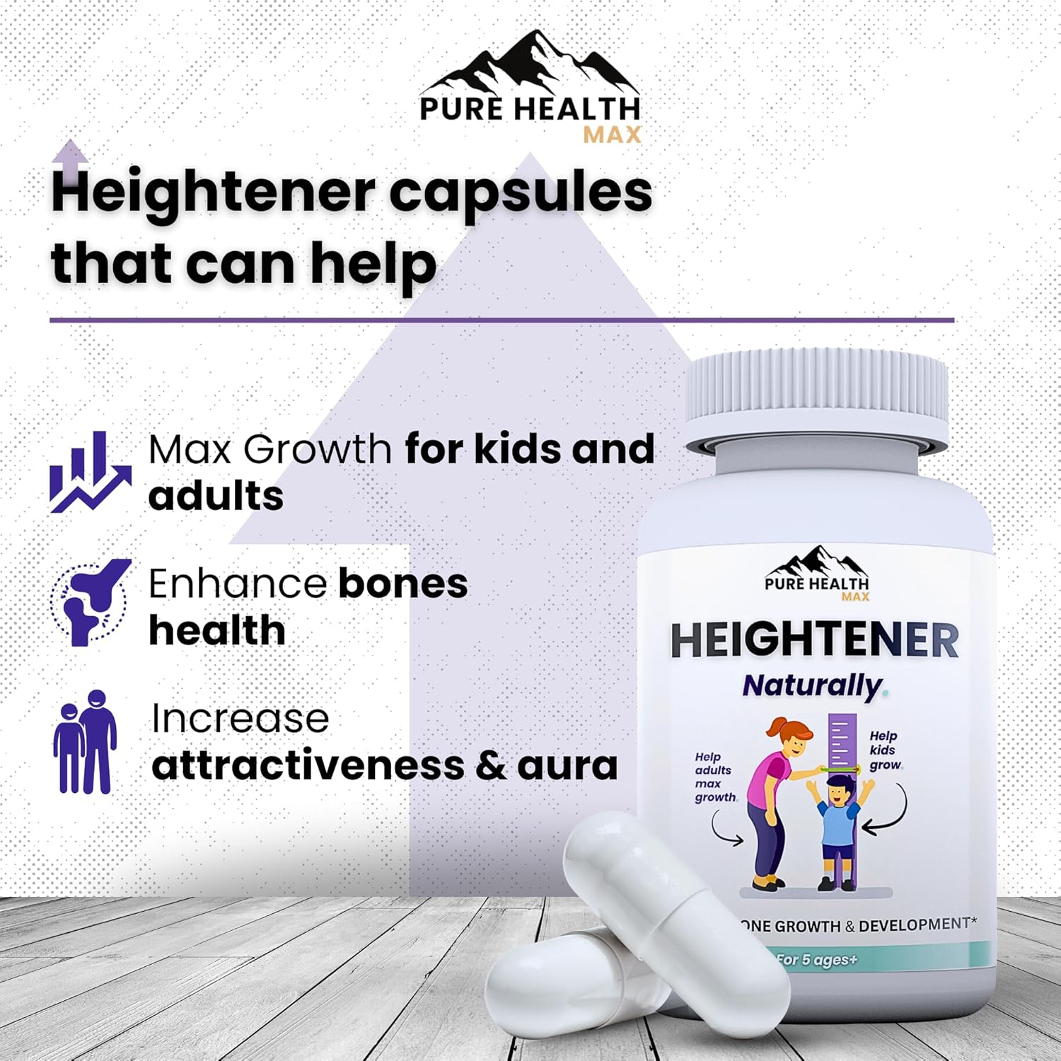 Heightener - Natural Height Growth Supplement For Kids, Teens And Adults To Increase Bone Strength And Grow Taller | Height Maximizer Pills With L-Arginine, Calcium & Zinc | 60 Capsules