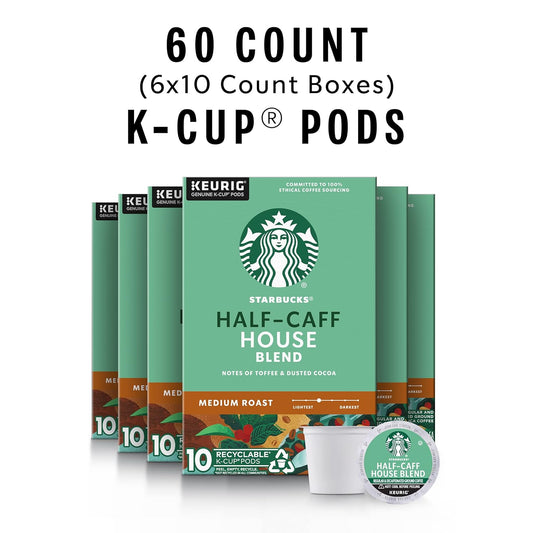 Starbucks K-Cup Coffee Pods, Medium Roast Coffee, Half-Caff House Blend For Keurig Brewers, 100% Arabica, 6 Boxes (60 Pods Total)