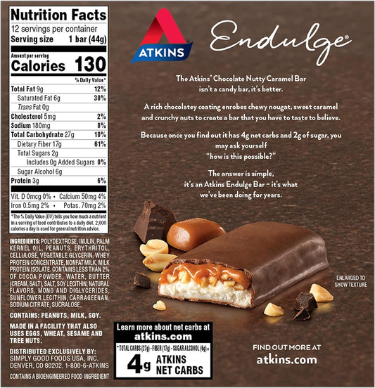 Atkins Endulge Chocolate Nutty Caramel Bar, Dessert Favorite, 2g Sugar, High in Fiber, Keto Friendly, 12 Count