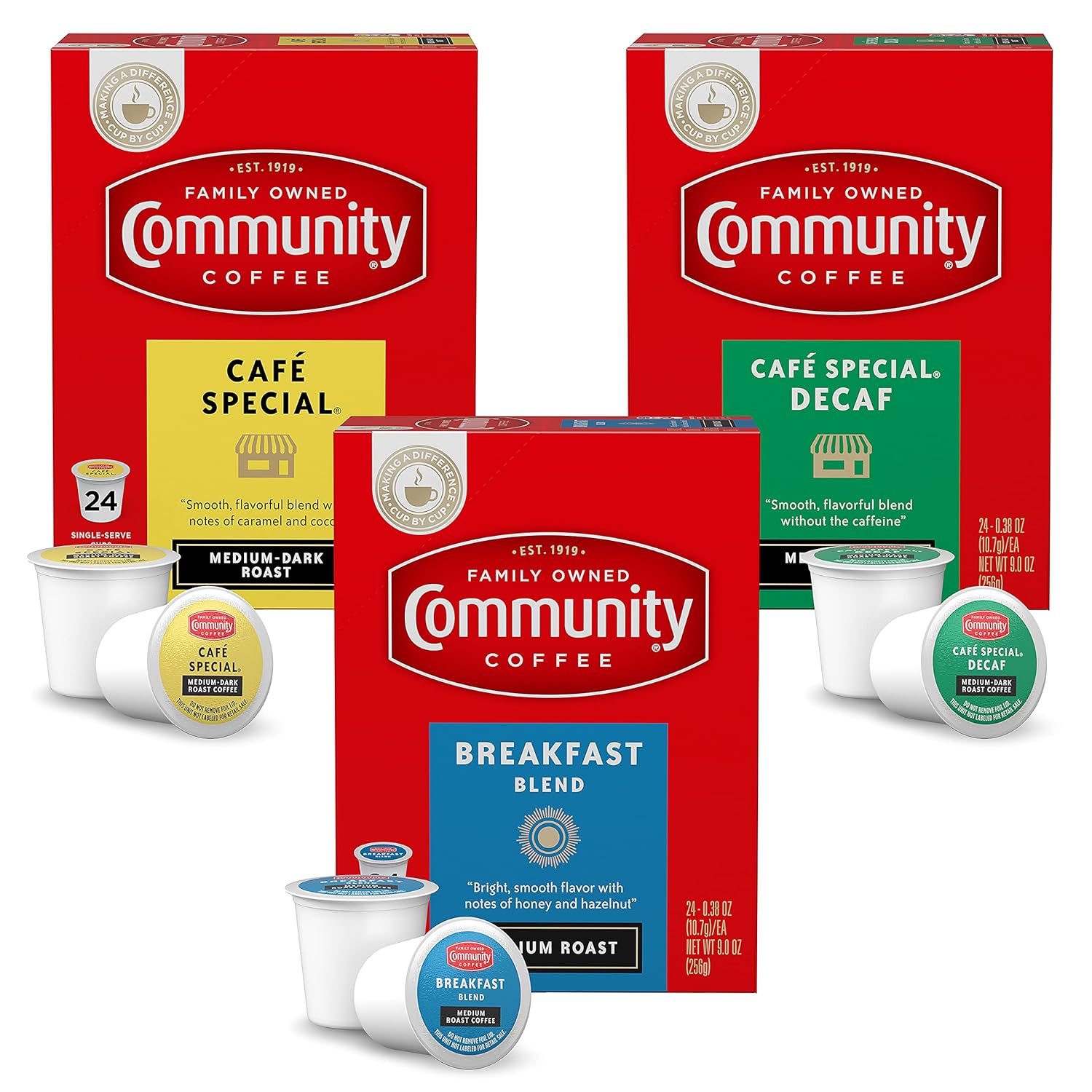 Community Coffee All Day Variety Pack With Decaf 72 Count Coffee Pods, Medium Dark Roast, Compatible With Keurig 2.0 K-Cup Brewers