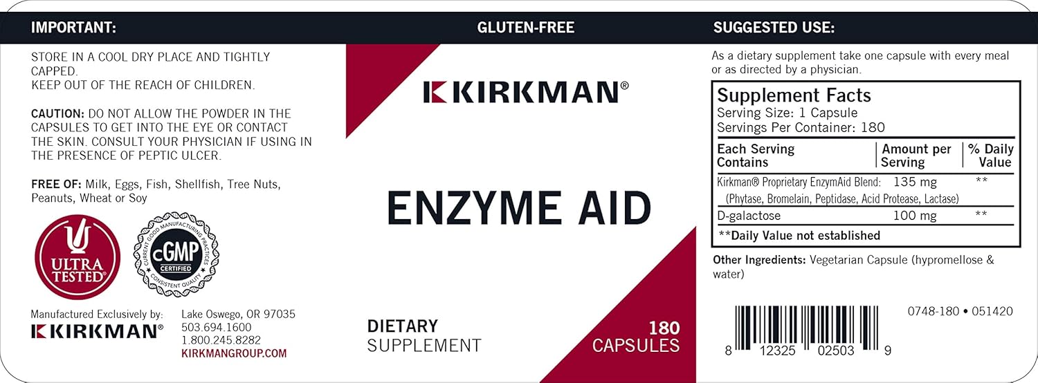 Kirkman Enzyme-Aid Dietary Supplement 180 Capsules : Health & Household