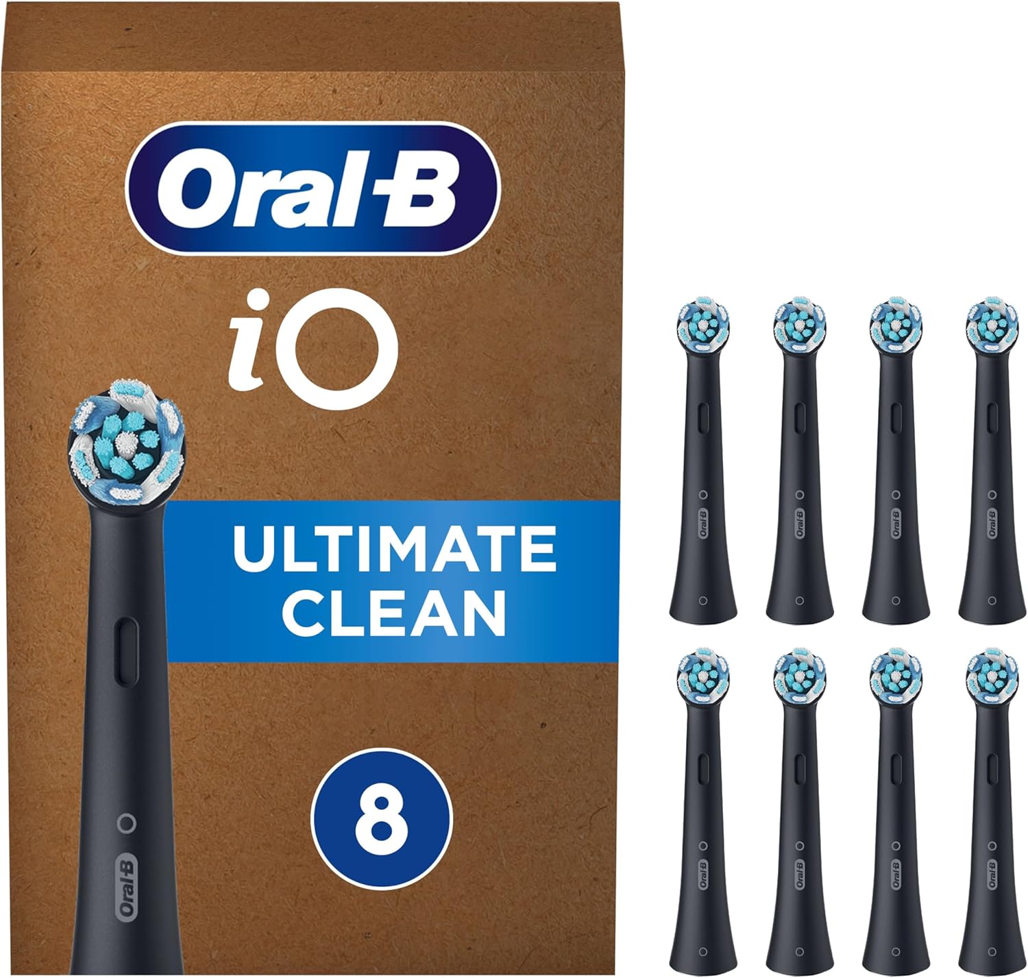 Oral-B Io Ultimate Clean Original Electric Toothbrush Head, Twisted & Angled Bristles For Deeper Plaque Removal, Pack Of 8 Toothbrush Heads, Black,Packaging May Vary