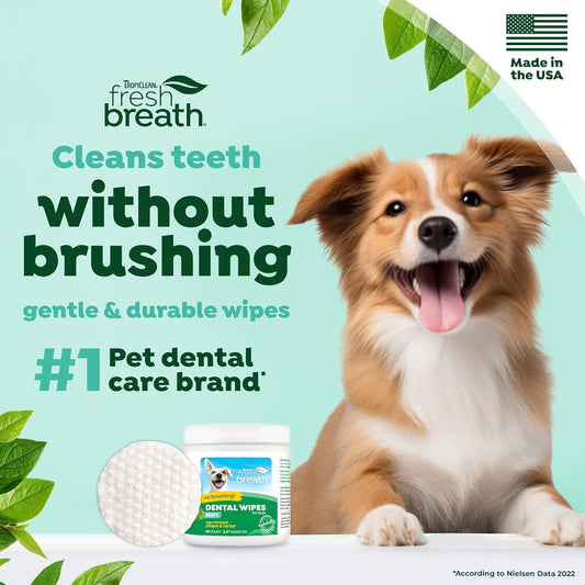 TropiClean Fresh Breath No Brushing Clean Teeth Dental & Oral Care Dental Wipes for Dogs, 50ct - Teeth Cleaning Wipes - Helps Wipe Away Plaque & Tartar - Freshens Breath - No Brushing Required