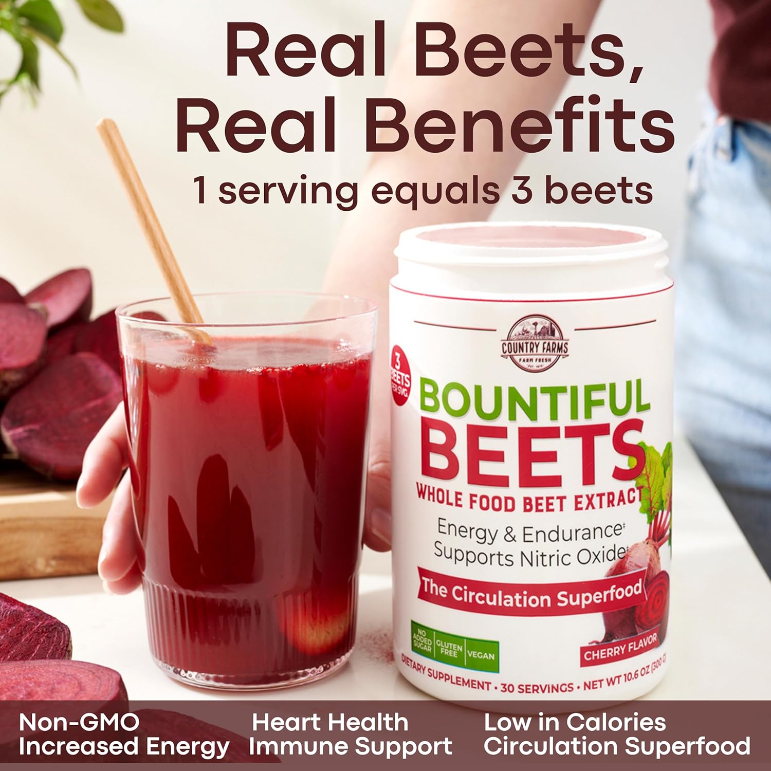 COUNTRY FARMS Bountiful Beets, Wholefood Beet Extract Superfood, Helps Support Healthy Circulation and Promote Energy, Nitric Oxide Boost, Cherry Flavor, 30 Servings : Health & Household