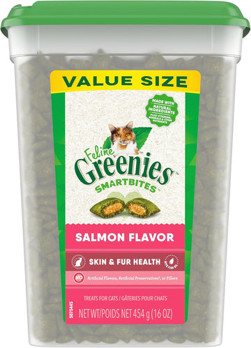 Feline Greenies Smartbites Skin & Fur Health Crunchy And Soft Natural Cat Treats, Salmon Flavor, 16 Oz. Tub