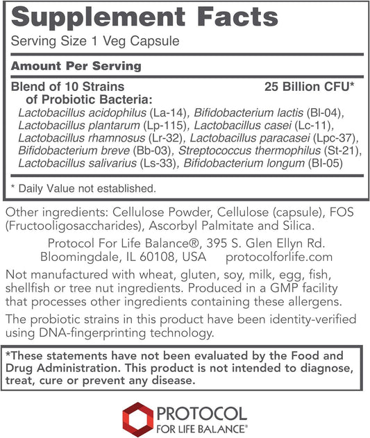 Protocol Proto Dophilus 25 Billion 10 Strains - Supports Digestive Gut Health, Immune System & Detox* - Dairy, Wheat, Soy & Gluten Free - Vegan & Nut Free - 50 Veg Capsules