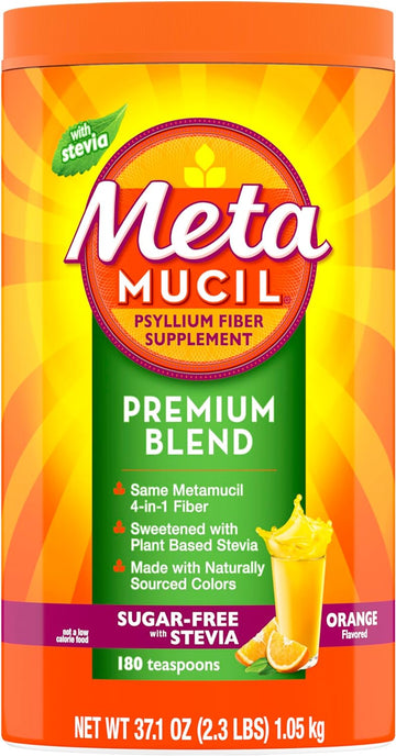 Metamucil Premium Blend, Daily Psyllium Fiber Powder Supplement, 4-in-1 Fiber for Digestive Health, Sugar-Free with Stevia, Plant Based Fiber, Orange Flavored, 180 Servings