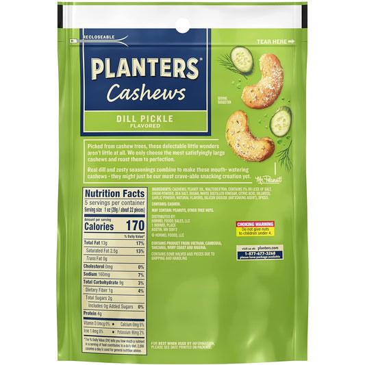 Planters Dill Pickle Cashews, Whole Cashews, Individual Packs, Party Snacks, Plant-Based Protein, Quick Snack For Adults, After School Snack, Flavored Cashew, Roasted With Sea Salt, Kosher, 5Oz Bag