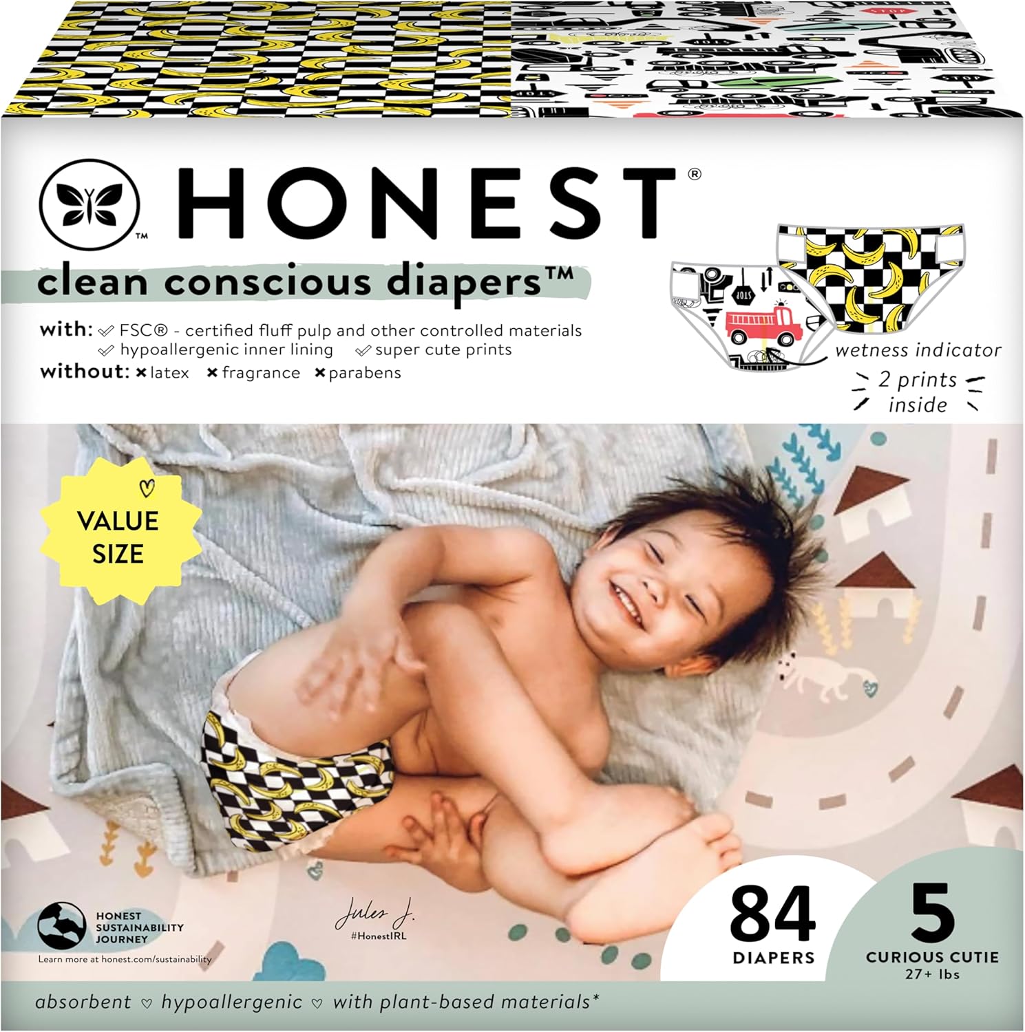 The Honest Company Clean Conscious Diapers | Plant-Based, Sustainable | Big Trucks + So Bananas | Super Club Box, Size 5 (27+ Lbs), 84 Count