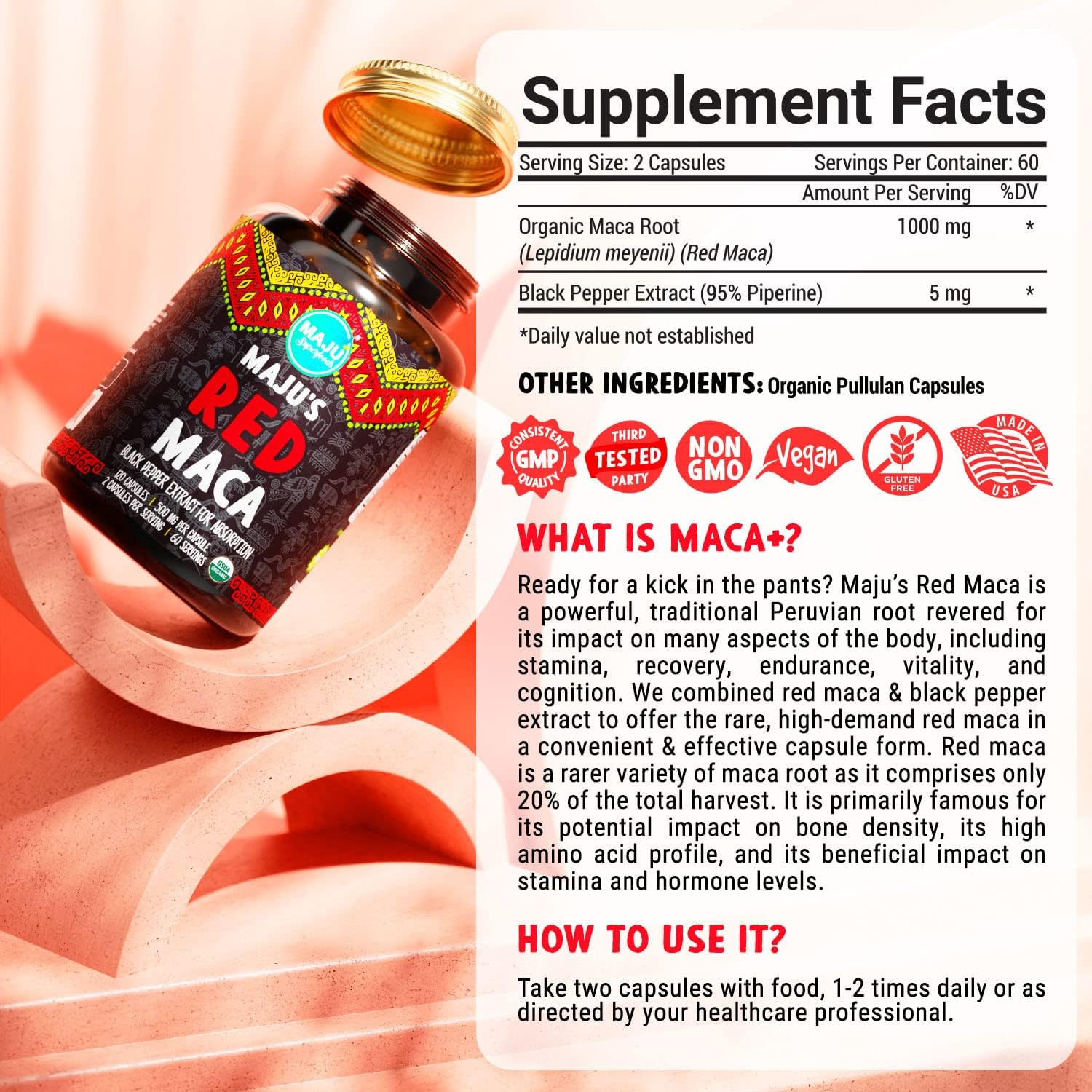 MAJU Organic Red Maca Root Capsules 120ct - Women Focused Curve Enhancement Nutrition Booster Pills, Gain para Thighs, Powder in Pill Supplement Qty 1 : Health & Household