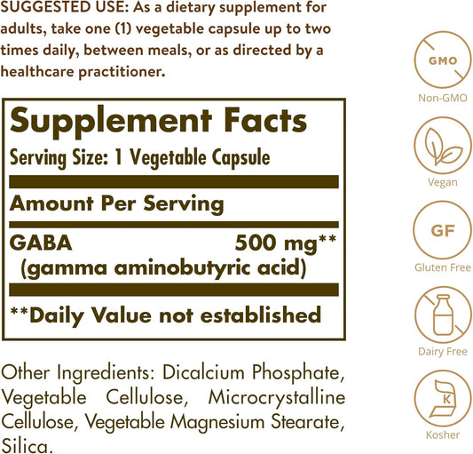 Solgar Gaba 500 Mg, 100 Vegetable Capsules - Relaxation & Nervous System Support - Amino Acid - Non-Gmo, Vegan, Gluten Free, Dairy Free, Kosher - 100 Servings