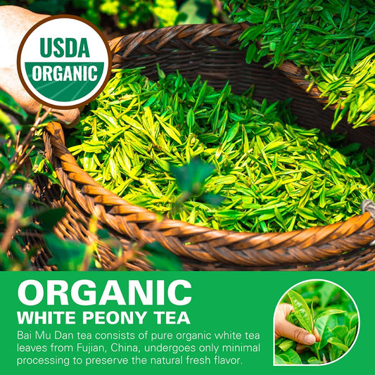Wt Weetee Organic White Peony Tea, Usda Organic Bai Mu Dan Loose Leaf 4Oz/114G, Premium Chinese White Tea Whole Loose-Leaf, High Antioxidant & Low Caffeine