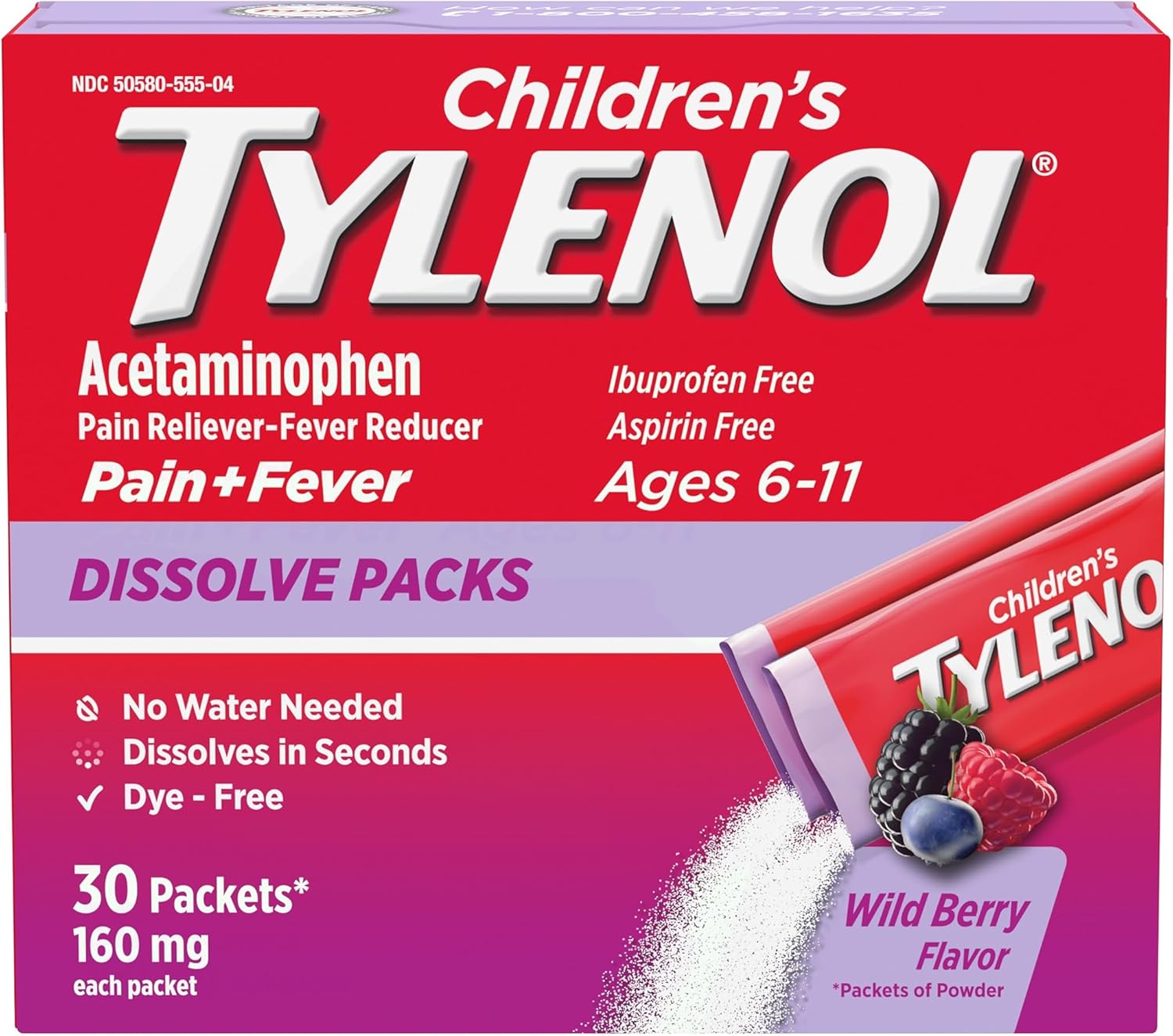 Tylenol Children'S Dissolve Powder Packets With 160 Mg Acetaminophen, Wild Berry, 30 Count