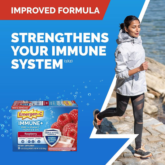 Emergen-C Immune+ Triple Action Immune Support Powder, BetaVia (R), 1000mg Vitamin C, B Vitamins, Vitamin D and Antioxidants, Raspberry ? 30 Count