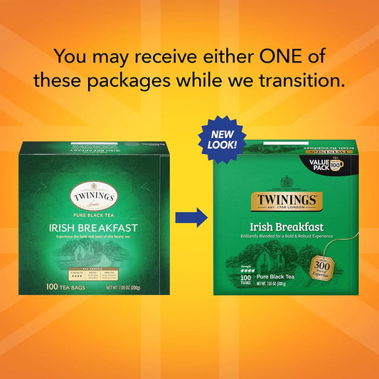 Twinings Irish Breakfast Black Tea Individually Wrapped Bags, 100 Count (Pack Of 1), Flavourful, Bold, And Robust, Caffeinated, Enjoy Hot Or Iced | Packaging May Vary