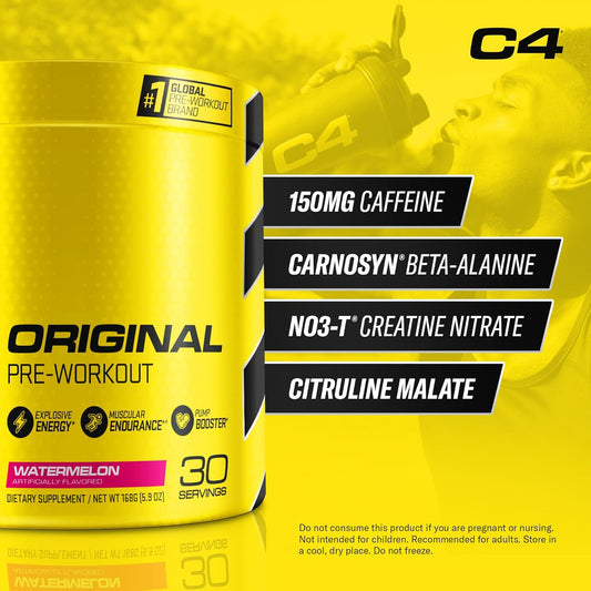 Cellucor C4 Original Pre Workout Powder Watermelon Sugar Free Preworkout Energy Supplement For Men & Women 150Mg Caffeine + Beta Alanine + Creatine 30 Servings