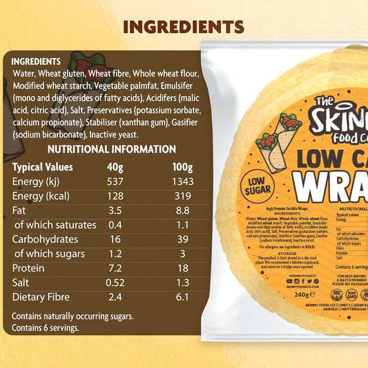 Skinny Food Co Low Carb Wraps 6 X 40G - High Protein Wraps (9G Per Wrap) And 4G Of Carbohydrates Per Wrap - High Fibre & Vegan Low Carb Tortilla Wraps - Low Calorie Wraps For Lunch, Breakfast, Dinner
