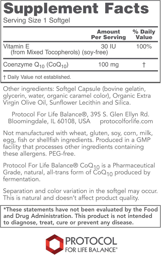 Protocol CoQ10 100mg - Antioxidant Power of/vitamin E, Cellular Energy Support - 90 Softgels