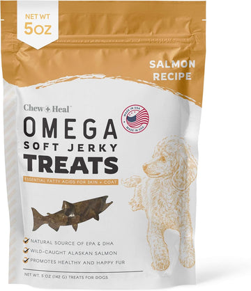 Chew + Heal Labs Omega Salmon Jerky Dog Treats - 5 Oz Of Soft Salmon Jerky For Skin And Coat - Made With Wild Alaskan Salmon, Flaxseed, Oat Flour, And More - Made In The Usa